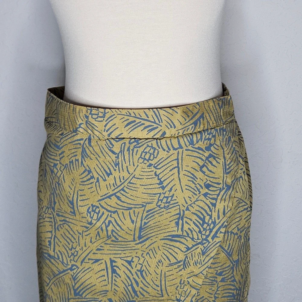 PrAna Organic Cotton Wrap Tulip Skirt Blue Tropical Leaf Mustard Boho Summer L - Picture 2 of 9